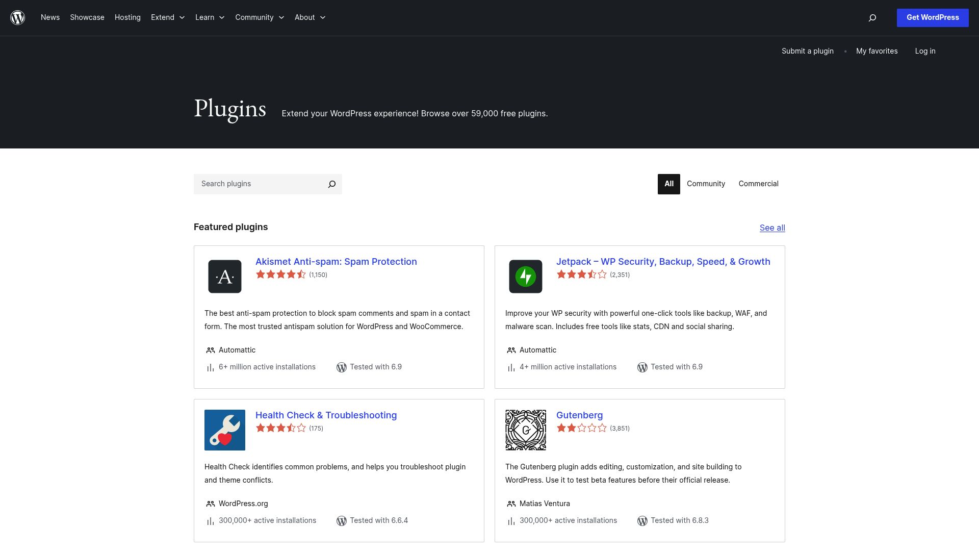 wordpress plugin repository screenshot showing massive list of generic plugins