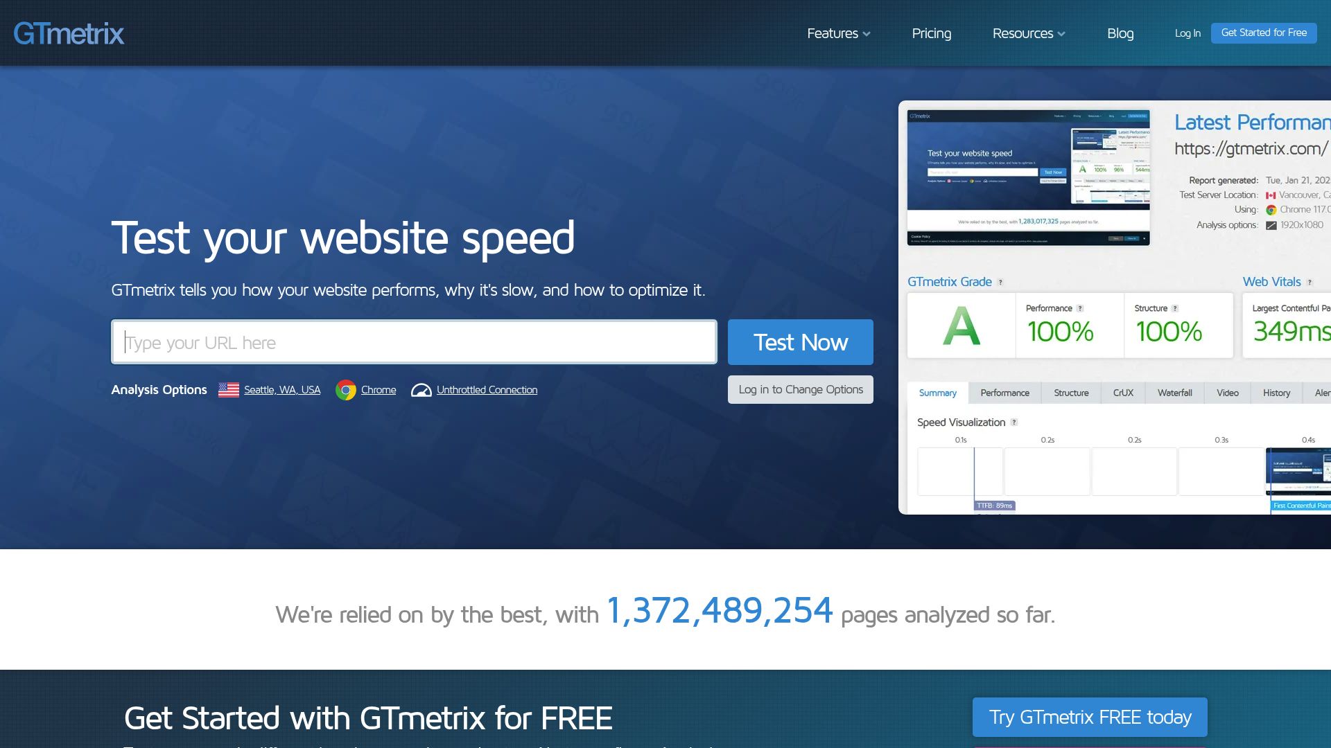 GTMetrix performance report showing grade A and speed visualization timeline of a website loading