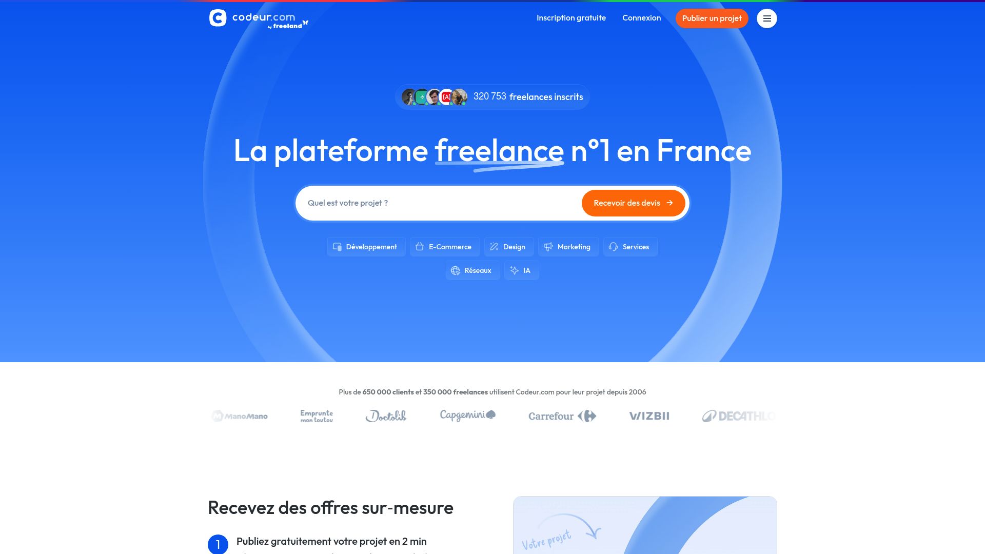 Screenshot of Codeur.com landing page showing various freelancer hourly rates for WordPress developers