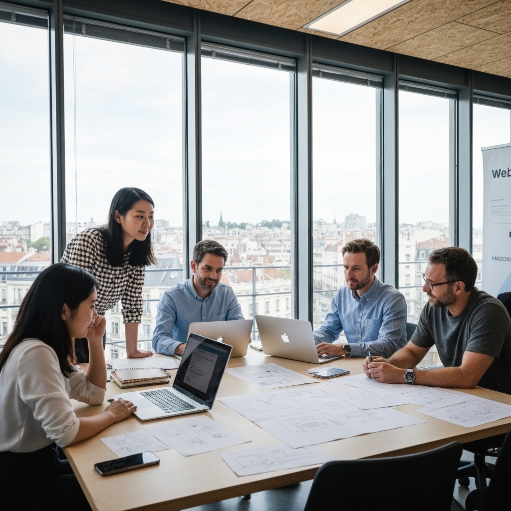 Une équipe créative travaillant sur un projet de site web dans un bureau moderne à Lyon avec une vue sur la ville