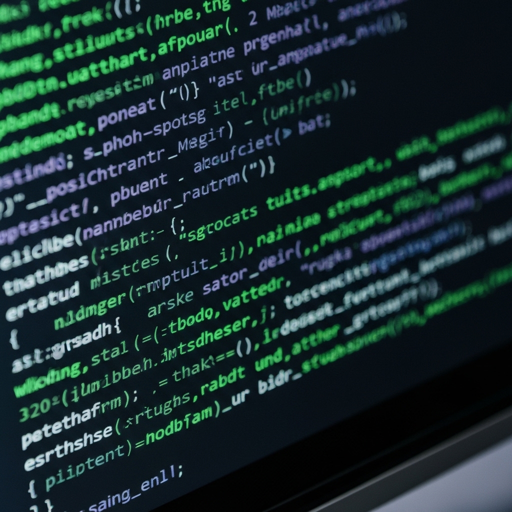 Close up macro shot of clean futuristic code on a monitor with green glowing syntax highlighting