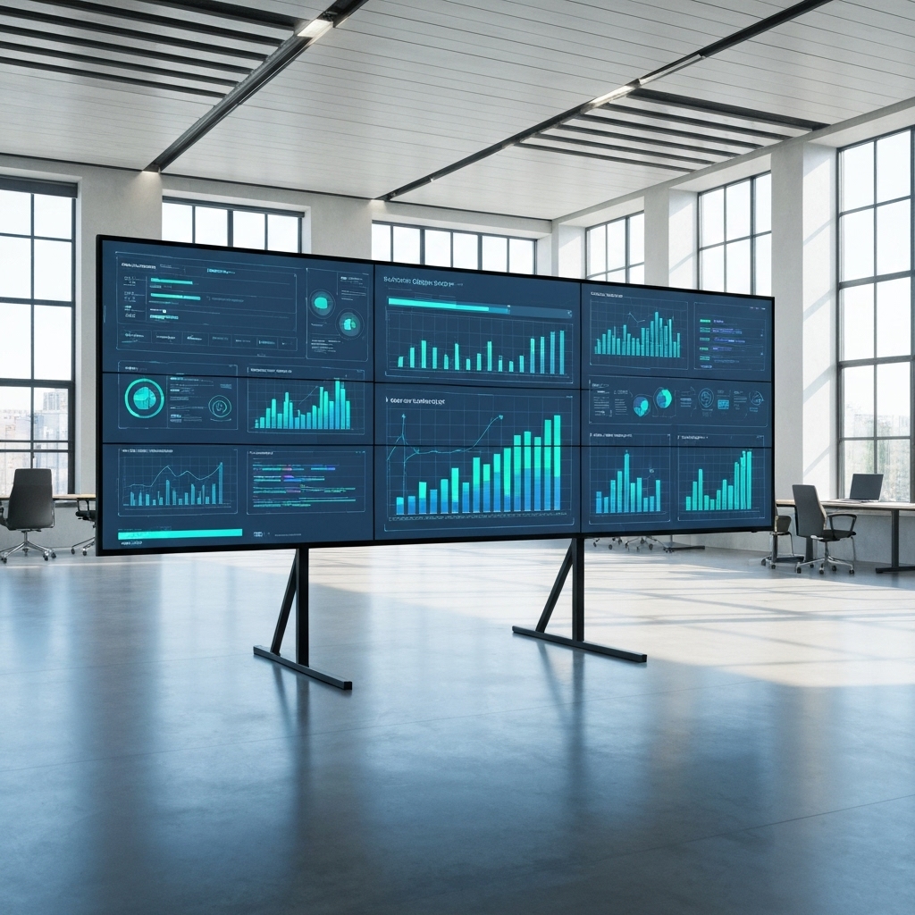 Equipe professionnelle analysant des données de performance sur un écran géant dans un bureau moderne et lumineux