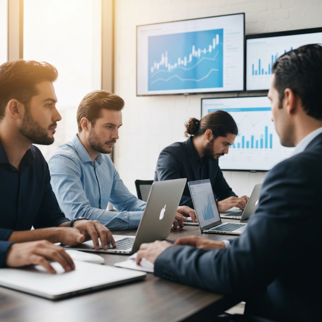 A team of SEO experts working on a WordPress website optimization strategy in a modern office looking at data on screens