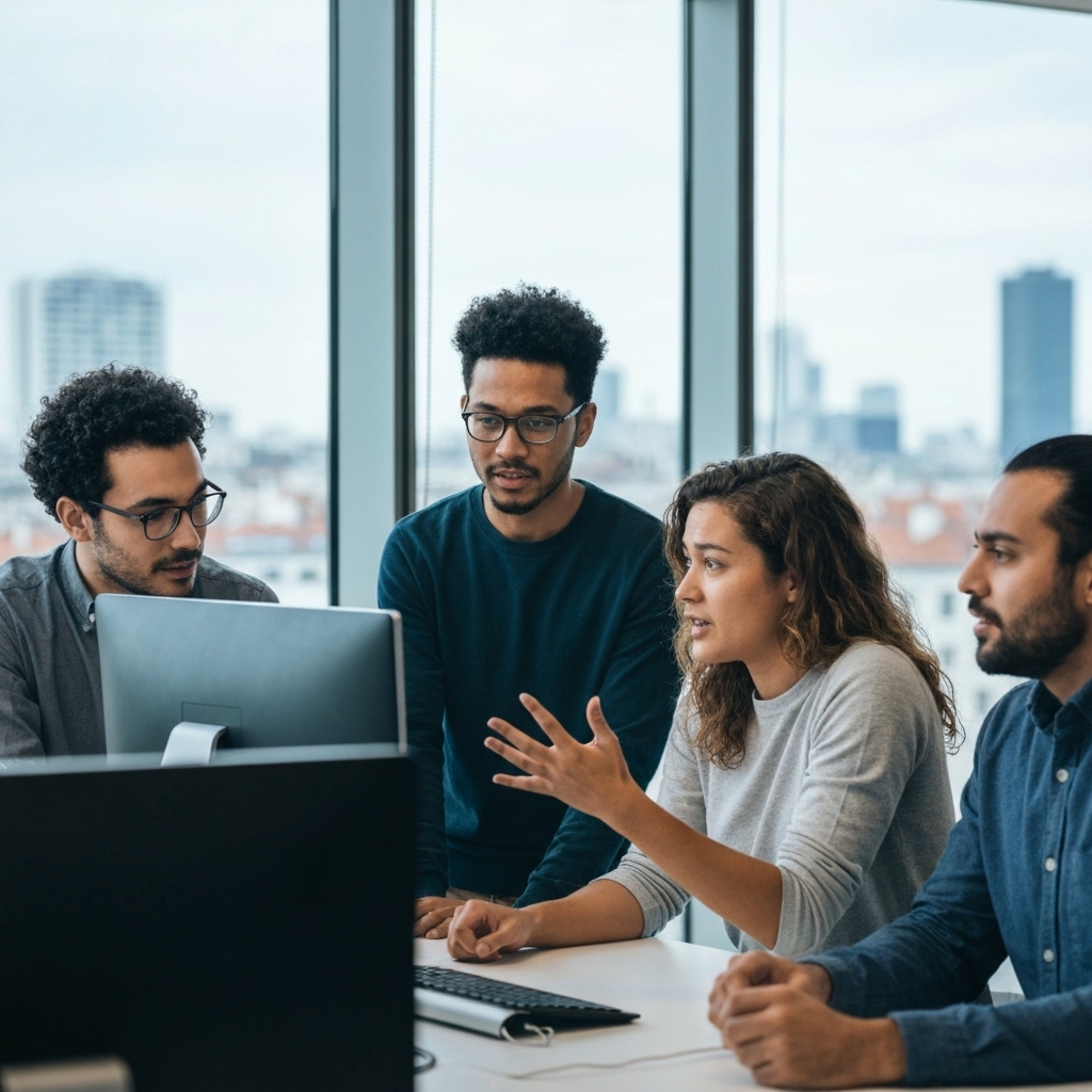 Equipe de développeurs web discutant devant un écran avec une vue sur la ville de Lyon en arrière plan, ambiance tech et moderne
