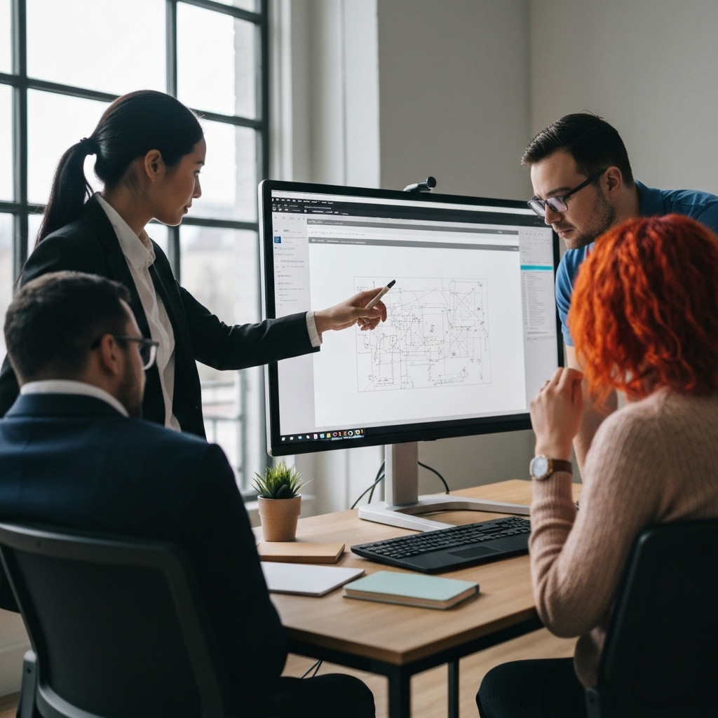 A professional team in a modern office in Lyon analyzing a website structure on a large screen, focused and collaborative atmosphere