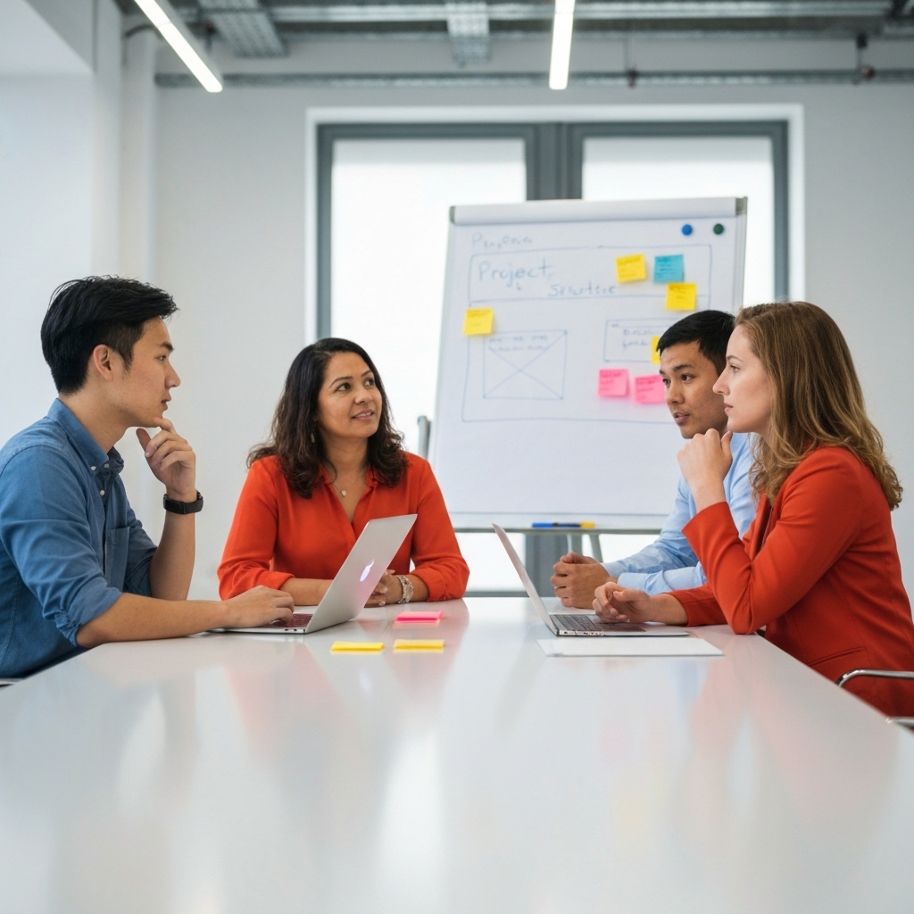 A team of web developers and designers gathering around a table in a modern office in Lyon, brainstorming on a whiteboard with sticky notes regarding a website project structure.