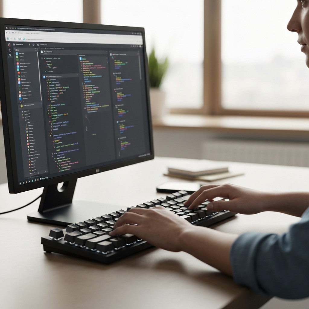 Computer screen displaying complex WordPress code editor with a focused developer typing in the background.