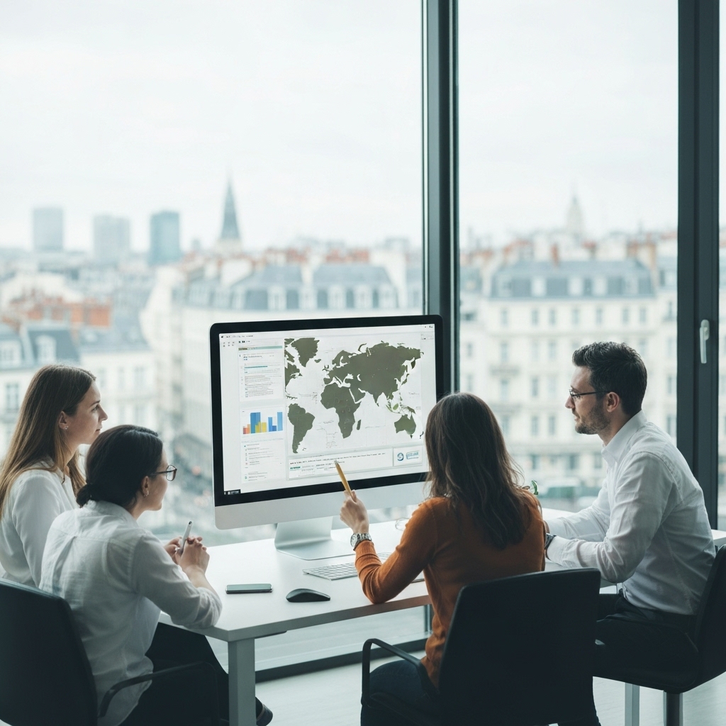 A creative team reviewing content strategy maps and SEO keywords on a large screen with Lyon city map in background