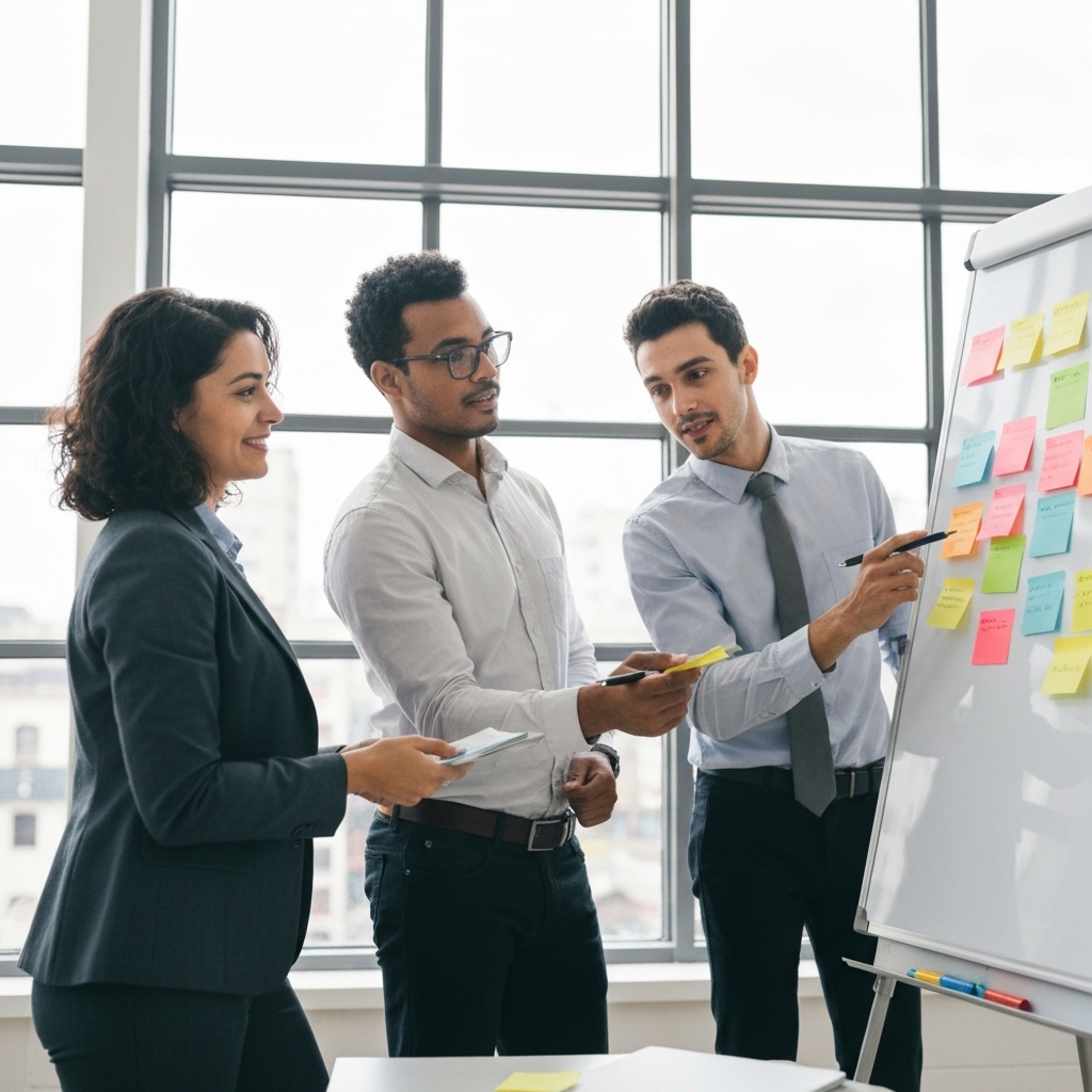 A professional team working on a website strategy in a modern office looking at a whiteboard with sticky notes