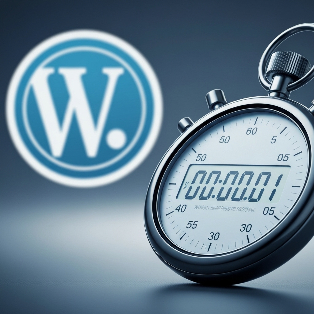 A digital stopwatch showing extremely fast loading time with WordPress logo in background, digital art style