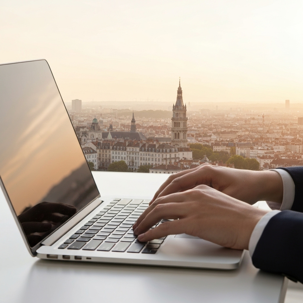 A professional working on a laptop with a view of Lyon city architecture in the background, symbolizing local e-commerce creation