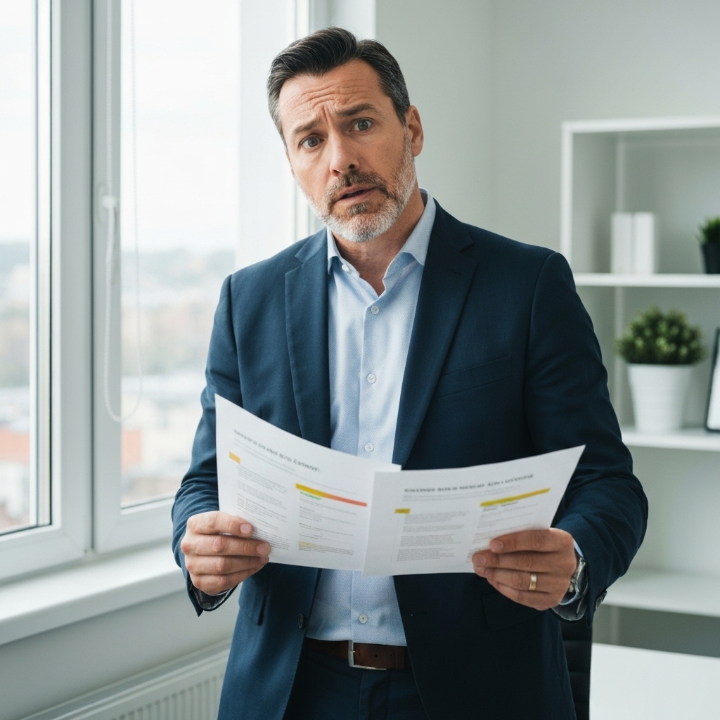 A business owner looking confused while comparing complex web design quotes with hidden costs highlighted