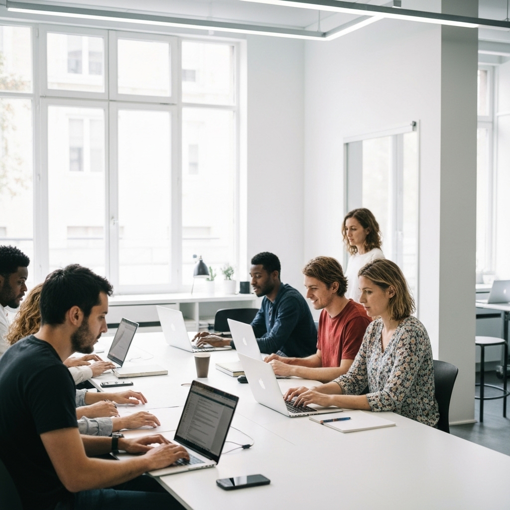 A professional workshop setting in Lyon with diverse group of people learning web design on laptops, natural lighting, modern office style
