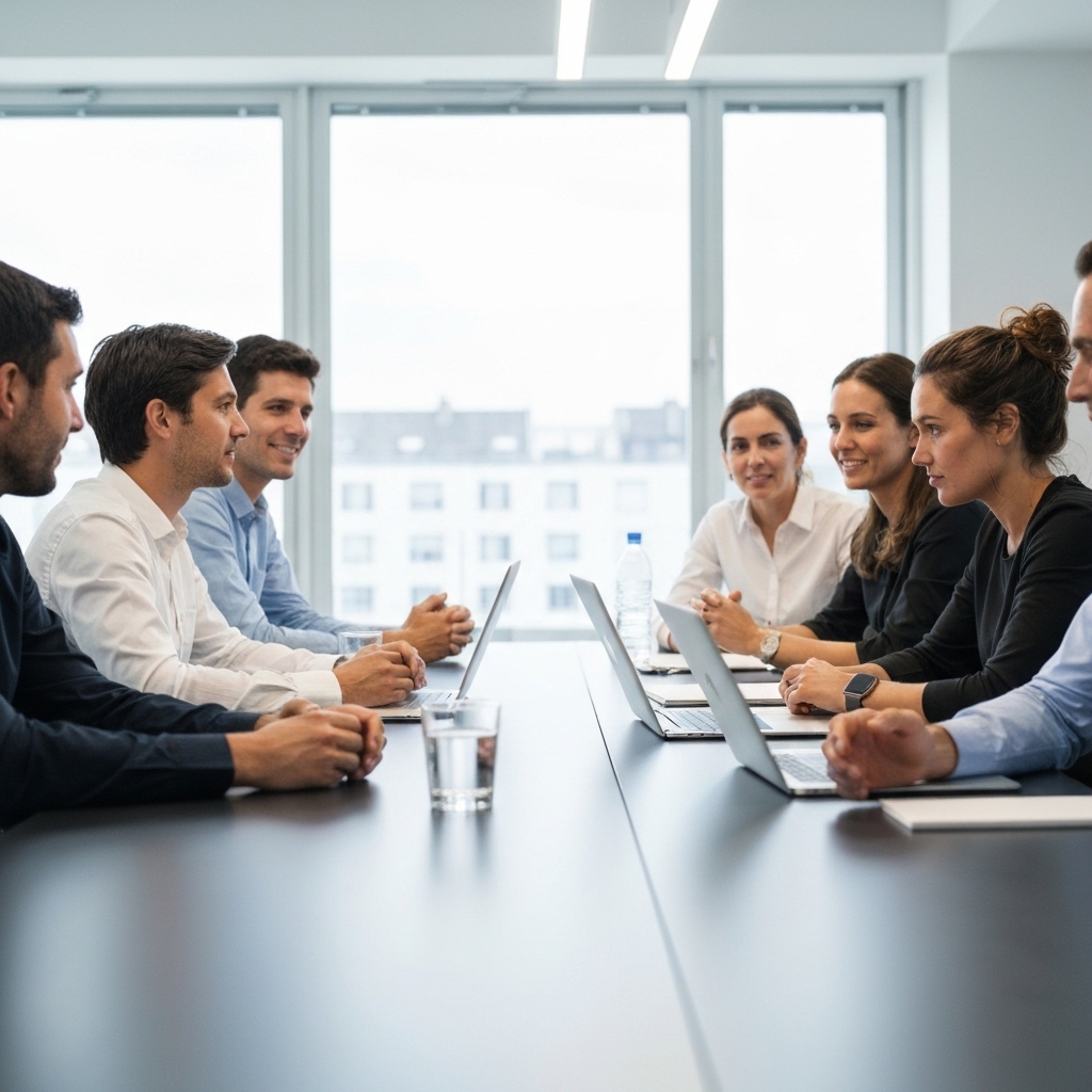 Professional team discussing typical web agency problems around a table in a modern office in Lyon