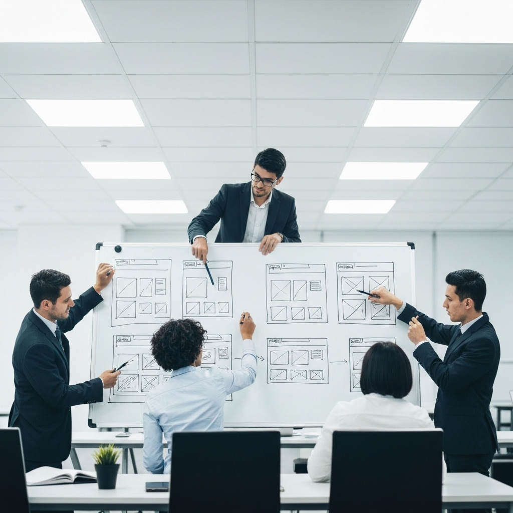 Team brainstorming session around a whiteboard with website structure sketches