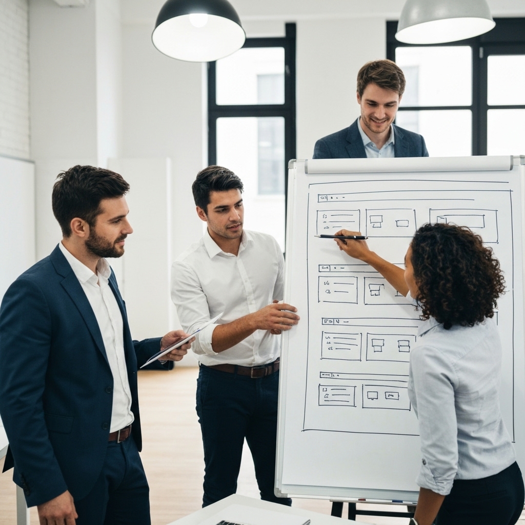 A professional web development team analyzing a WordPress website structure on a whiteboard in a modern office in Lyon