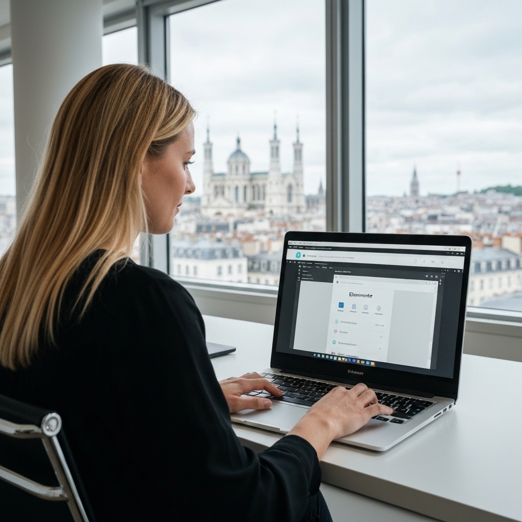 A professional web developer working on Elementor interface in a modern office in Lyon with view on Fourviere