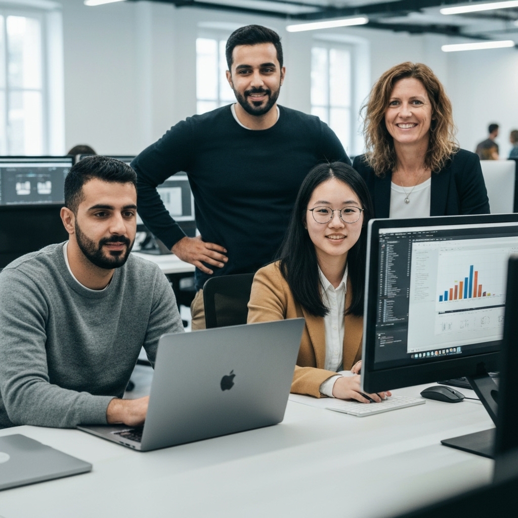A professional team working on a WordPress website design in a modern office in Villefranche-sur-Saône