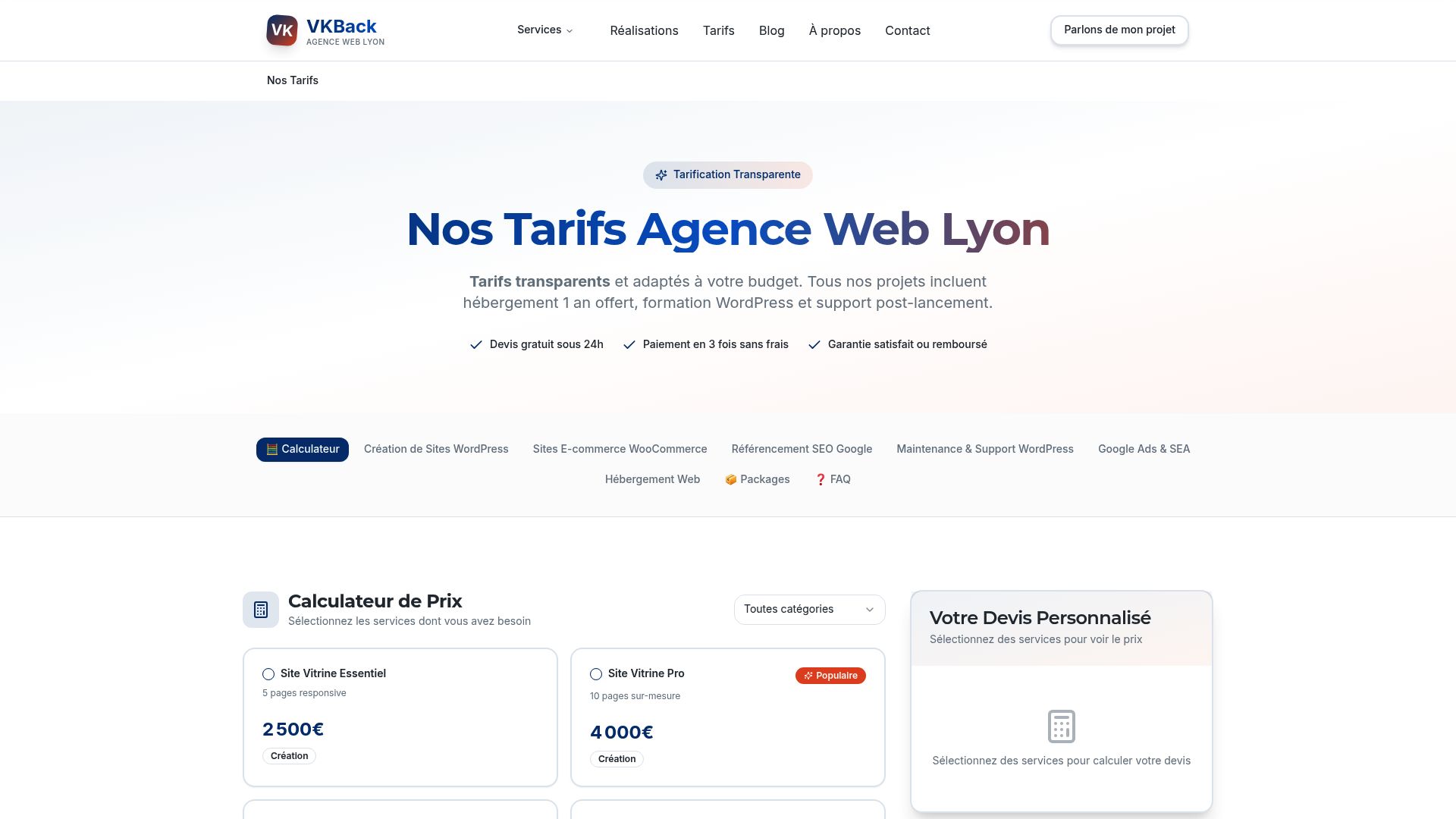 Screenshot of the pricing page of VKBack website