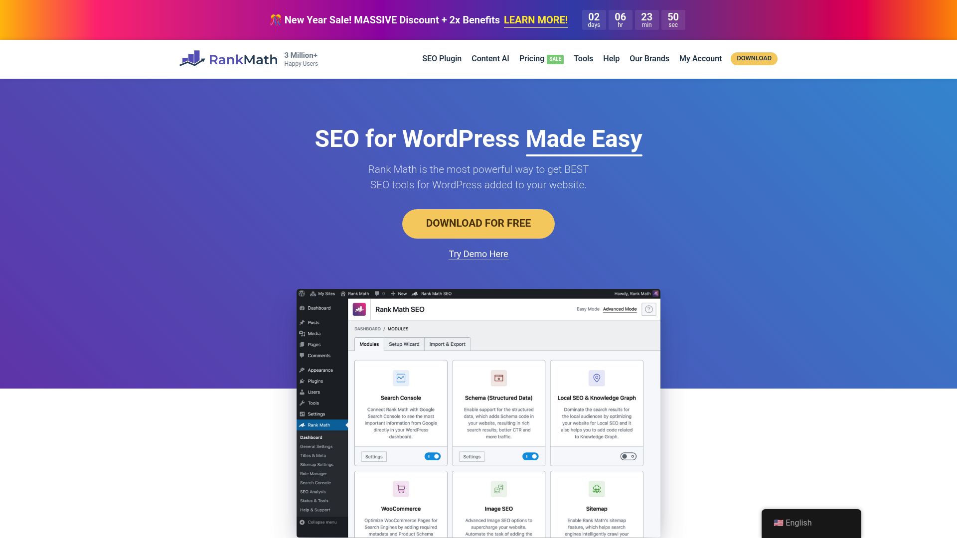 Screenshot of Rank Math SEO dashboard showing the score and checklist