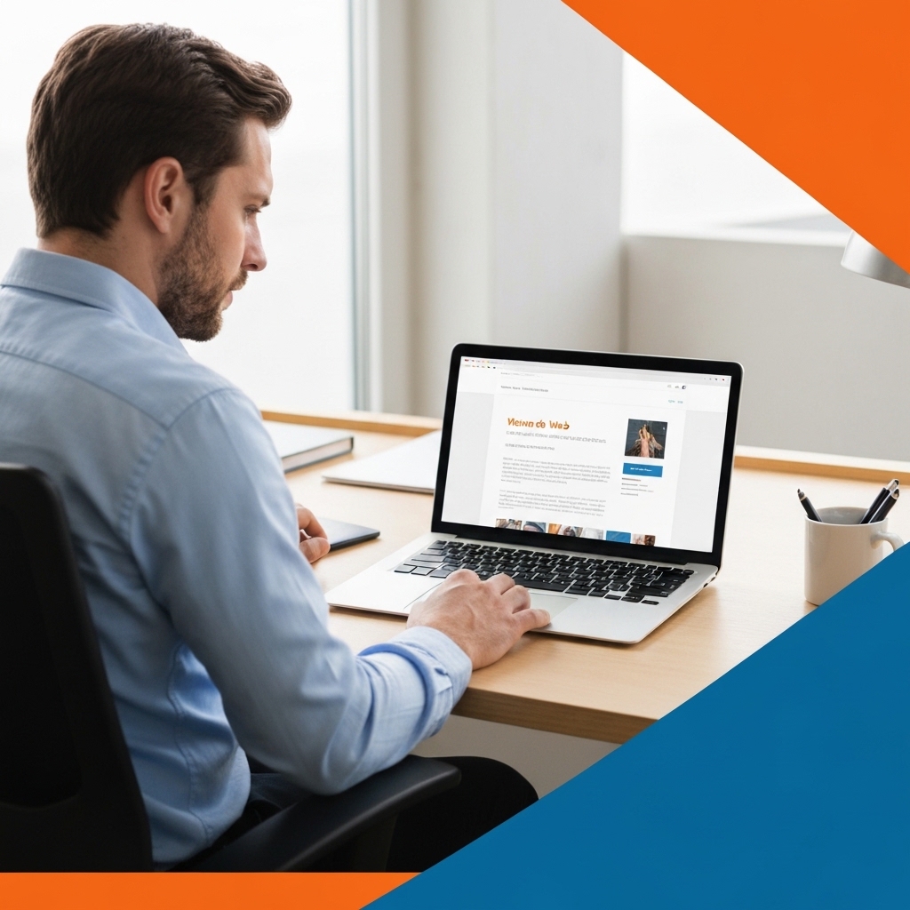 Business owner sitting at desk looking frustrated at laptop screen showing slow loading website, modern office interior with warm lighting