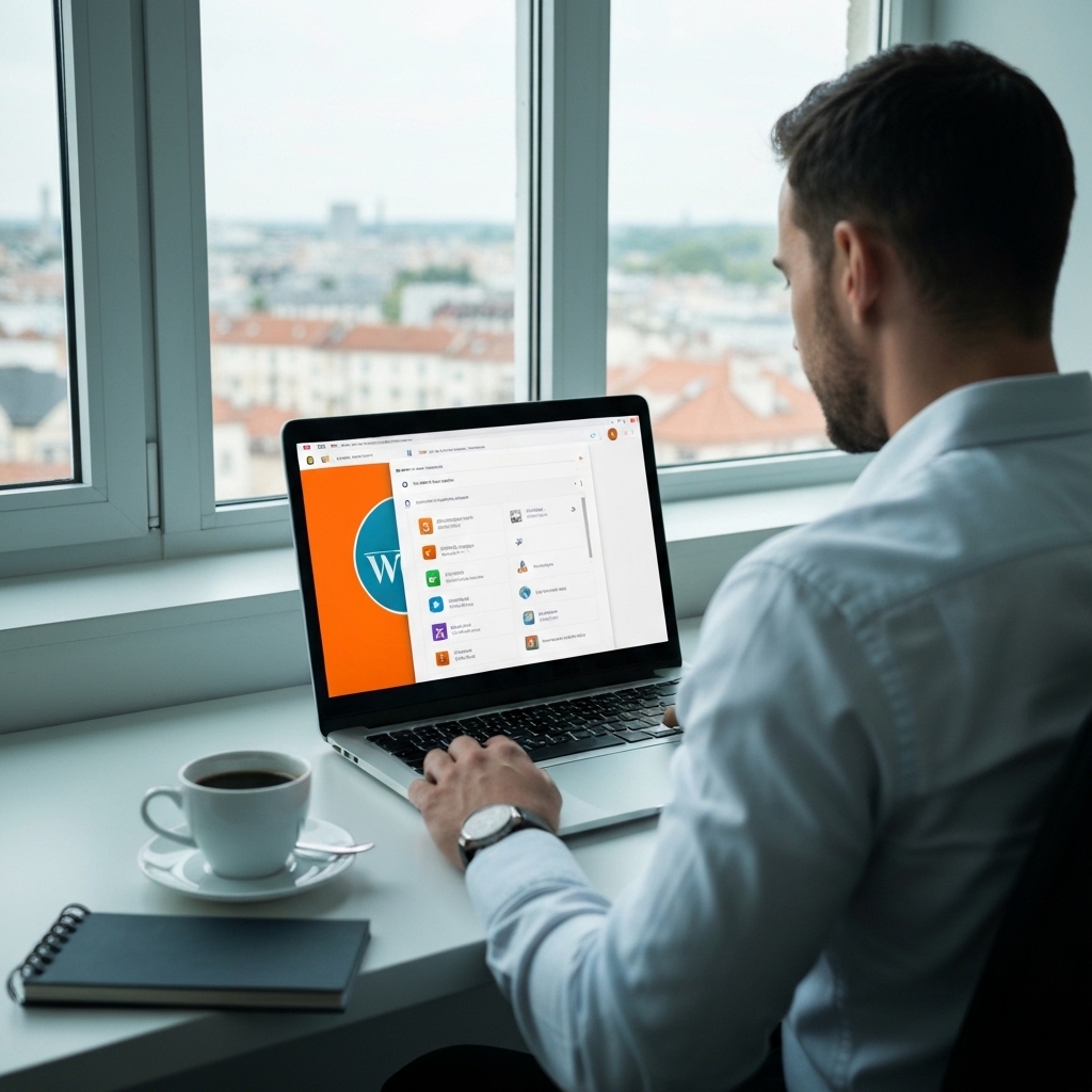 Professional web developer working on laptop showing WordPress dashboard interface in modern Clermont-Ferrand office, natural lighting through window with view of city, coffee cup and notebook nearby, realistic photography style