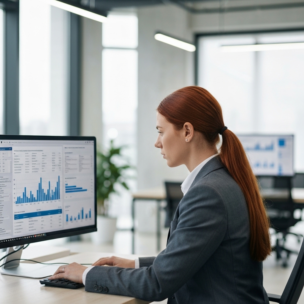 A professional SEO consultant looking at analytics data on a screen with a Lyon city background