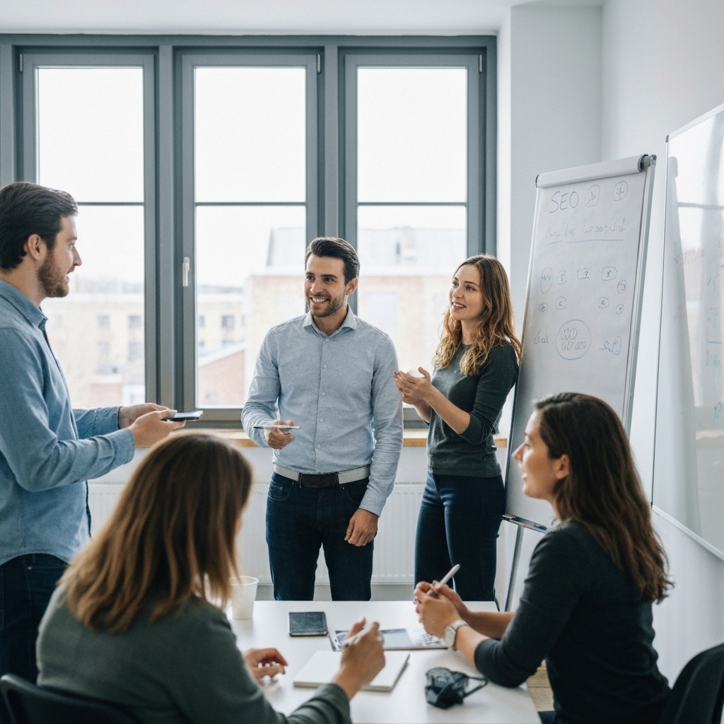 Team meeting in a modern office in Lyon discussing seo strategy on a whiteboard