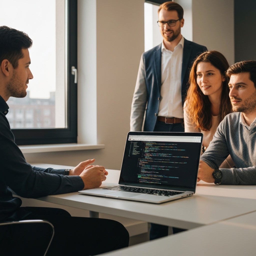 Equipe de développeurs web discutant devant un écran avec du code WordPress dans un bureau moderne à Villefranche sur Saône