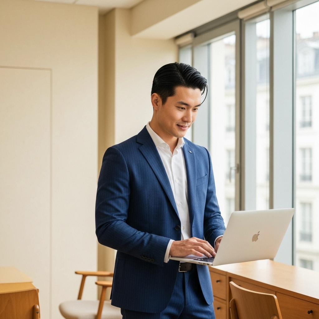 A professional working on a laptop with WordPress dashboard open, natural lighting, modern office setup in Lyon