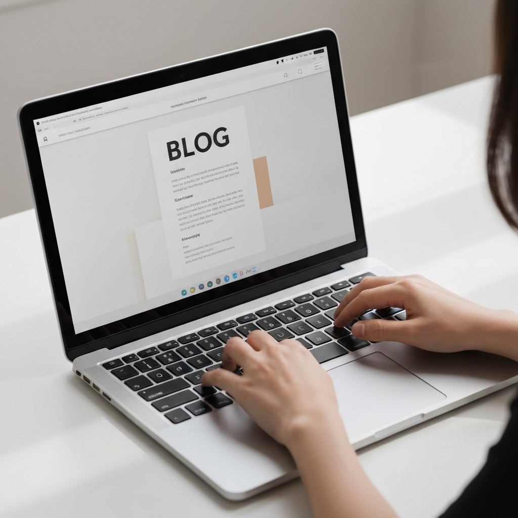 Close up of hands typing on a laptop keyboard with a notebook and coffee alongside, concept of blogging