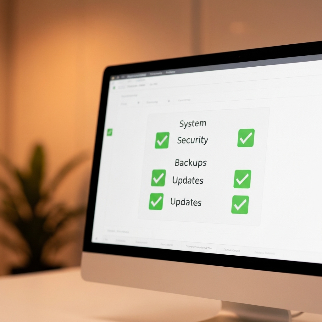 A close-up, photorealistic view of a digital dashboard showing green checkmarks for security, backups, and updates on a computer screen, with a warm office background.