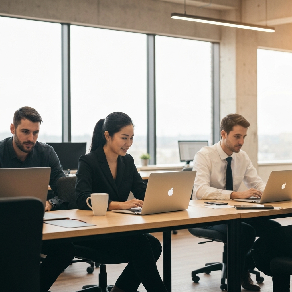 Modern open workspace with developers collaborating, symbolizing the Phenix Info team support.