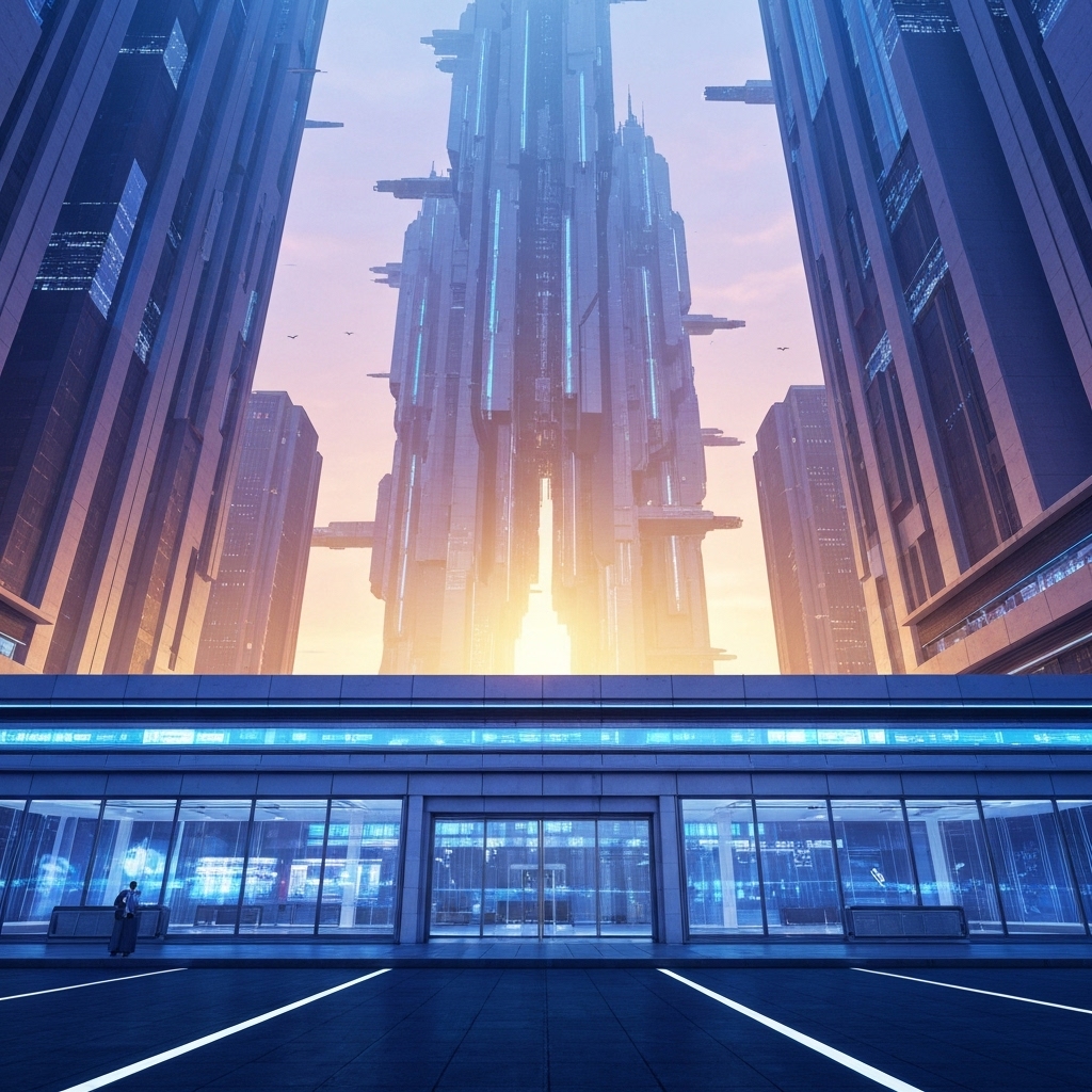 Concept art of a digital storefront evolving into a large futuristic complex representing scalability