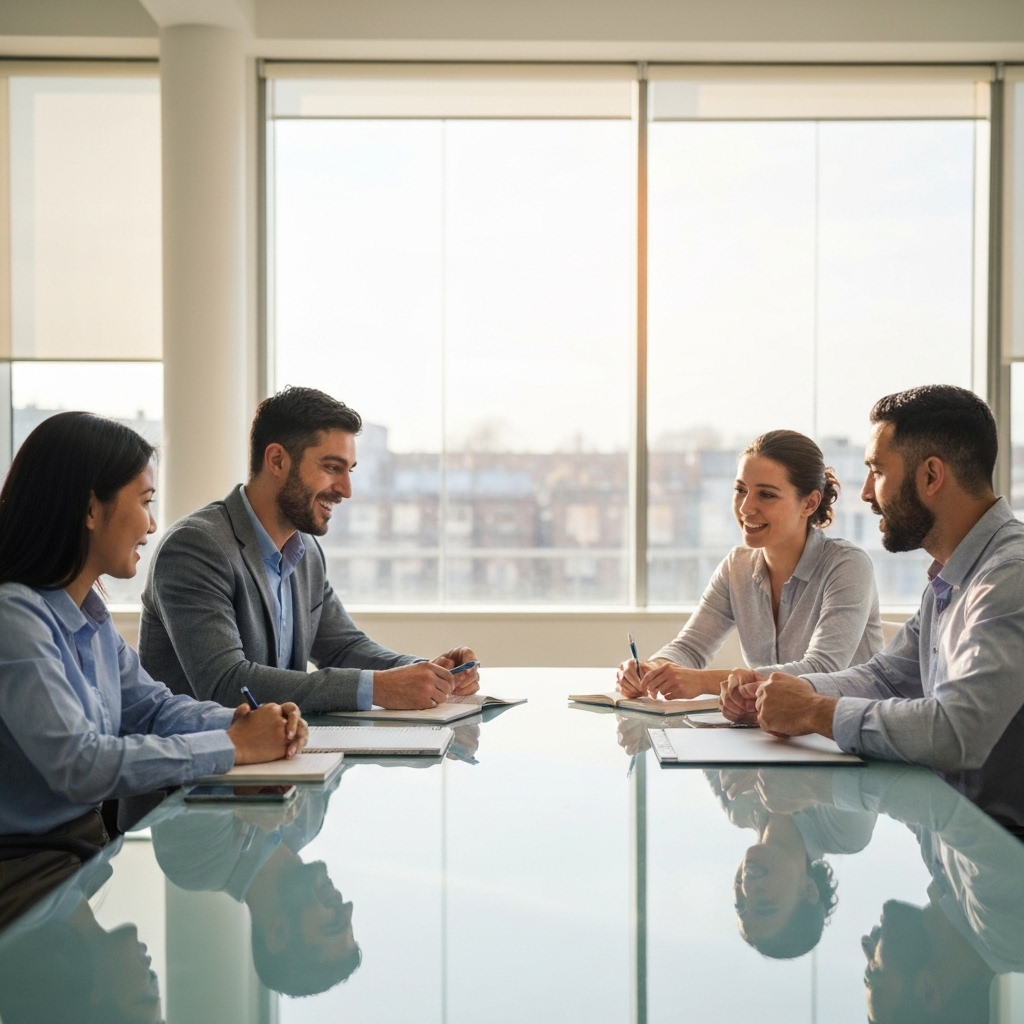 A team analyzing SEO charts on a screen looking concerned about traffic drop during a website redesign meeting