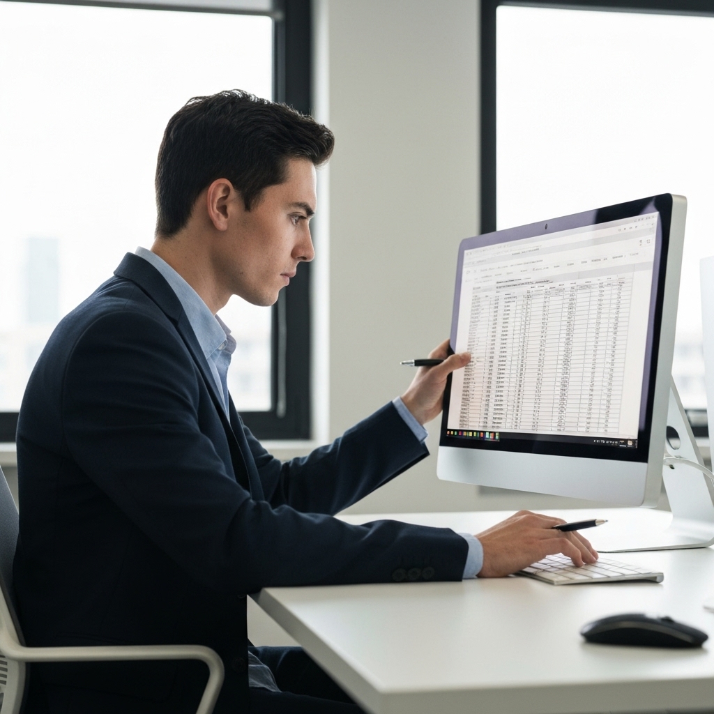 Data analyst reviewing a complex excel spreadsheet mapping old URLs to new URLs for SEO migration