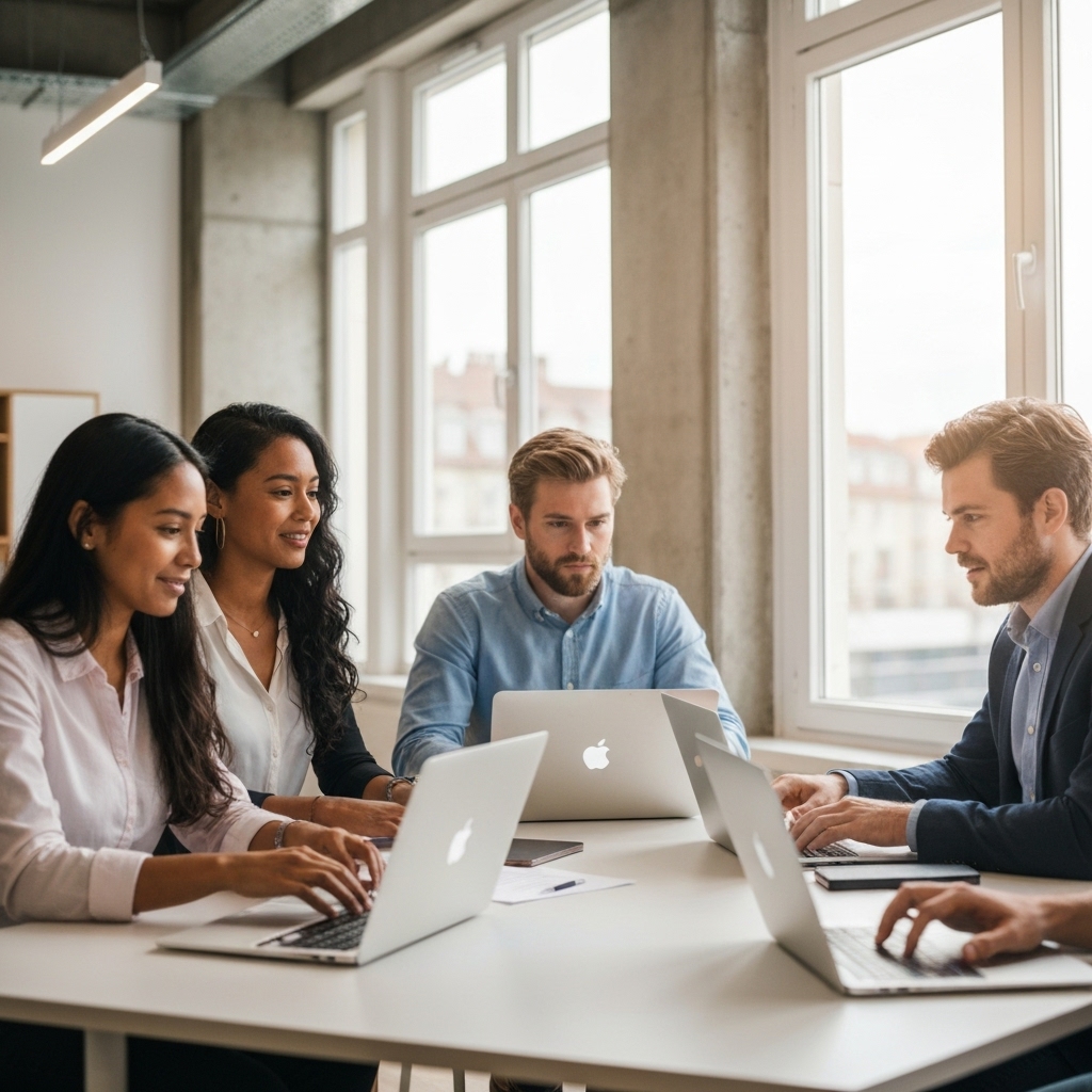 A focused group of professionals in a modern Lyon co-working space learning WooCommerce on laptops with a digital screen in bg