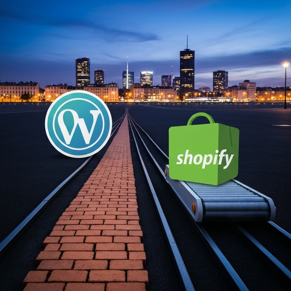 A dual-path illustration showing a stylized WordPress logo on a path made of customizable bricks and a Shopify logo on a sleek, automated conveyor belt, with the city of Lyon skyline in the background.