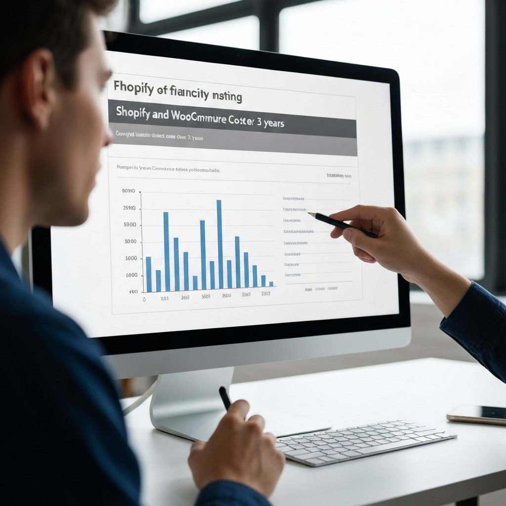 Comparative chart showing monthly cumulative costs over 3 years between Shopify and WooCommerce, highlighting the crossover point.