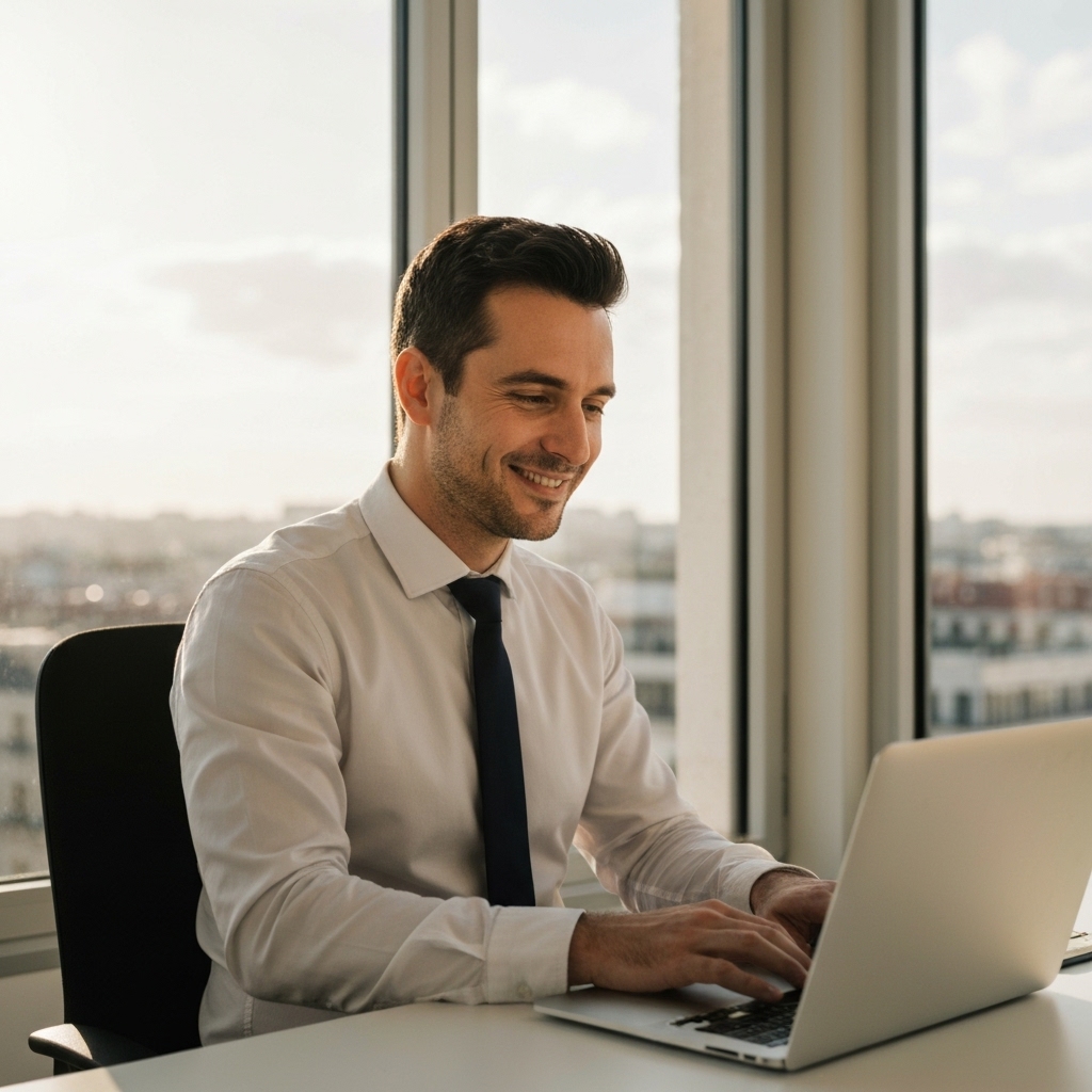 A professional working on a laptop in a modern office in Lyon with a view of the city, looking relieved and happy about website performance