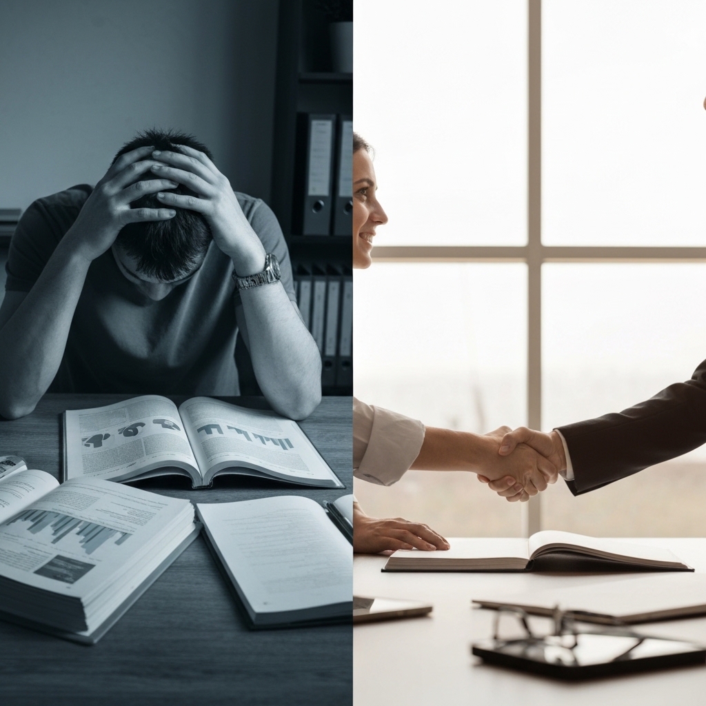 A split composition showing a stressed person surrounded by technical manuals vs a relaxed person shaking hands with a web consultant