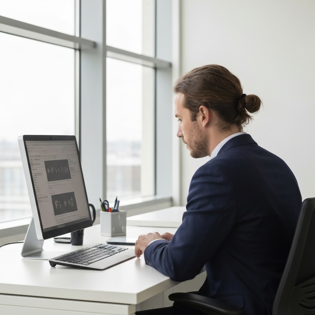 A stressed office worker looking at a computer screen showing a hacked website warning, representing the urgency of the situation