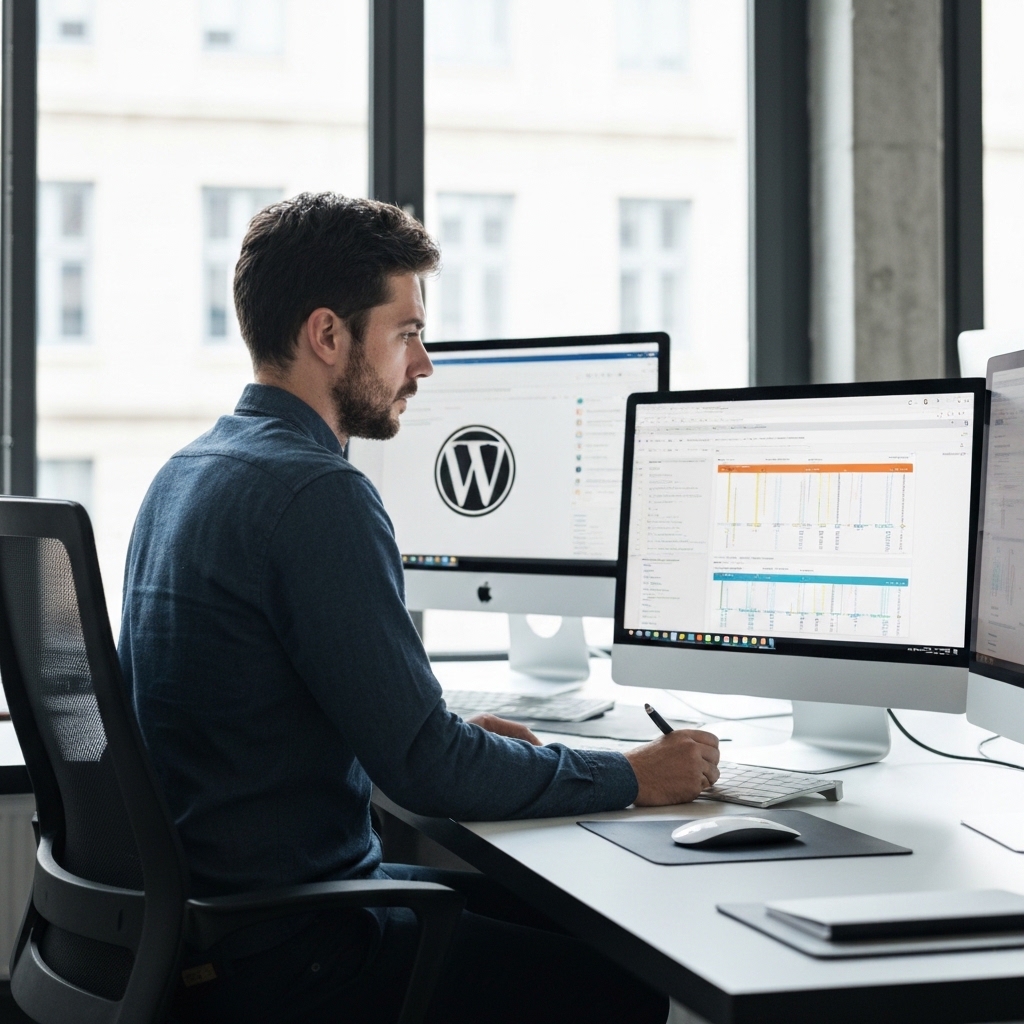 A digital marketing strategist analyzing SEO data on multiple screens in a modern office in Lyon with wordpress logo visible