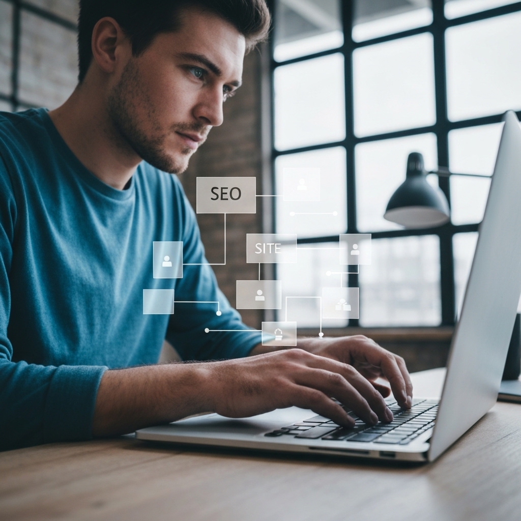 Web developer working on code structure with holographic overlays representing SEO sitemap architecture