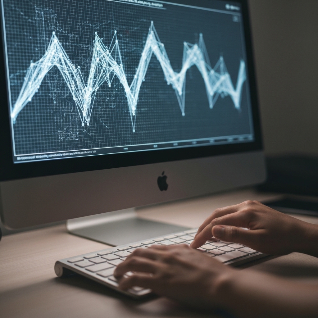 Close-up of keyboard and computer screen displaying network graph of backlinks analysis