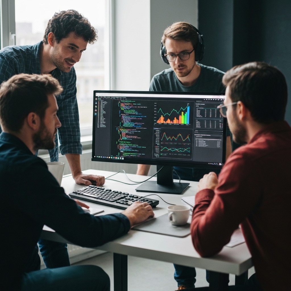 A professional web development team gathered around a screen analyzing WordPress code and analytics data in a modern office atmosphere