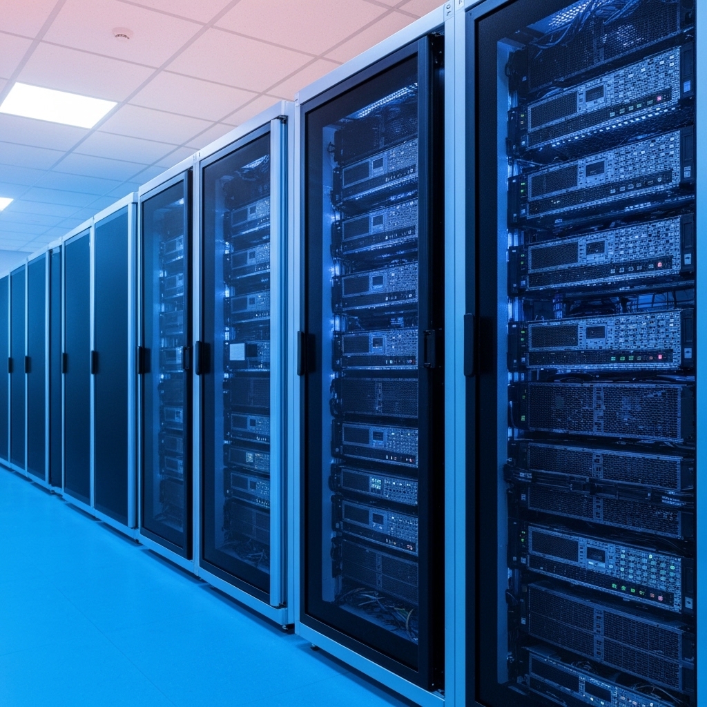 Modern data center with rows of illuminated server racks in a professional facility, blue ambient lighting creating technology atmosphere