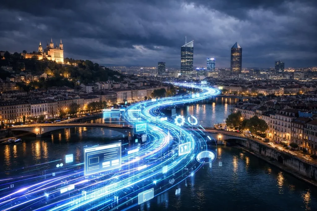 Image futuriste agence WordPress Lyon: conseil stratégie digitale 2026. Chemin lumineux innovant.