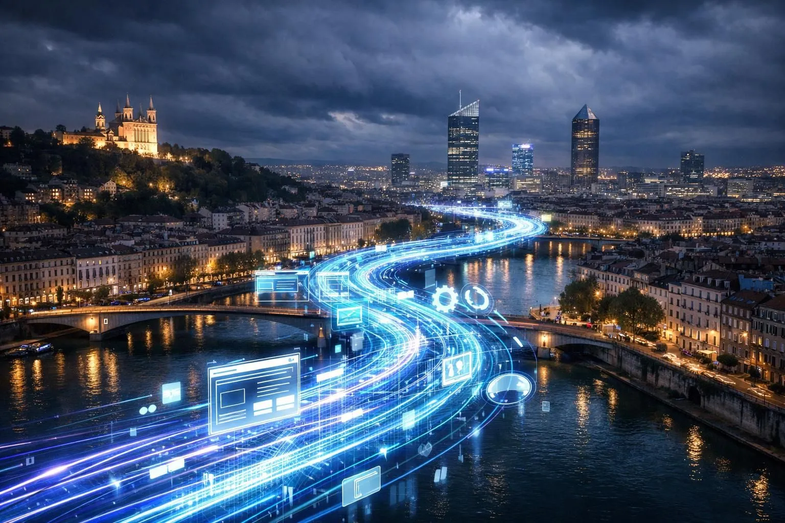 Image futuriste agence WordPress Lyon: conseil stratégie digitale 2026. Chemin lumineux innovant.