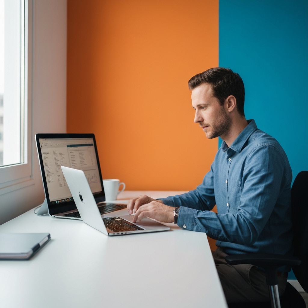 Business owner looking concerned at laptop screen showing security warning, modern French office environment with worried expression